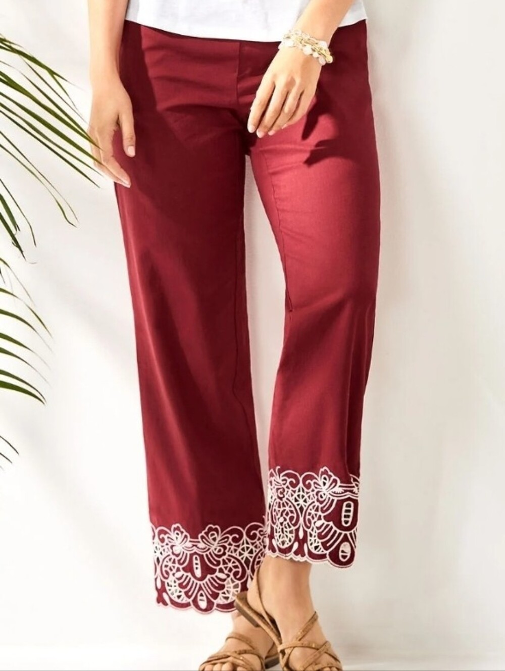 Talbots Red Embroidered Hem Wide-Leg Pants Size SP